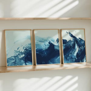 Navy Blue Wall Art, Set of 3 Printable Art, Modern Blue Abstract Prints, Minimalist Brush Strokes Digital Art