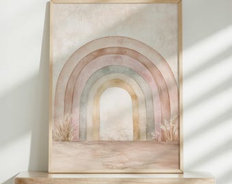 Arte murale arcobaleno neutro, arte scaricabile rosa e verde, arte murale stampabile, stampa artistica minimalista, arte murale per la cameretta dei bambini, decorazione murale boho