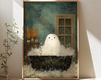 Halloween-muurkunst, spookachtig spook in bad, schattige digitale download voor badkamerkunst