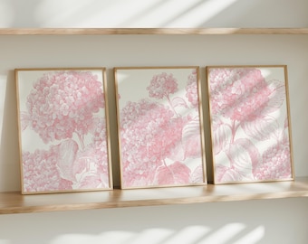 Set of Three Wall Art, Light Pink Digital Prints, Floral Decor for Aesthetic Home, Printable Wall Art