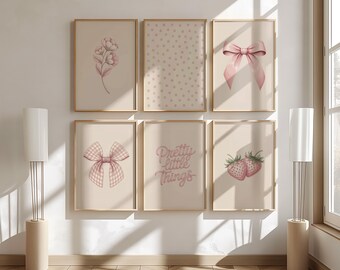 Pink Bows Wall Art Set of 6, Trendy Printable Decor for Coquette Room, Aesthetic Dorm Art, Girly Prints