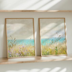 Coastal Printable Wildflower Field Landscape Art, Vintage Summer Beach Print, Farmhouse Spring Floral Decor
