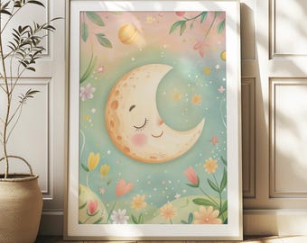 Colorful Moon Playroom Art, Adorable Kids Poster, Boho Nursery Decor, Toddler Wall Art, Playroom Wall Art, Printable Wall Art, Moonlight Art