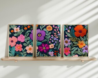 Arte de parede em cores vibrantes, conjunto de 3 peças de arte abstrata colorida, decoração exclusiva para casa, impressões de parede atraentes, arte de parede estilo bordado