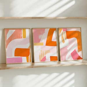 Pink and Orange Prints, Set of Three Pink and Orange Prints, Aesthetic Digital Art for Dorm Decor, Instant Download Wall Art, Pink wall art