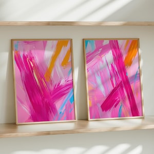 Conjunto de dos pósteres de arte mural en rosa intenso, ideales para decorar dormitorios, impresiones artísticas modernas, decoración brillante y colorida, impresiones digitales.