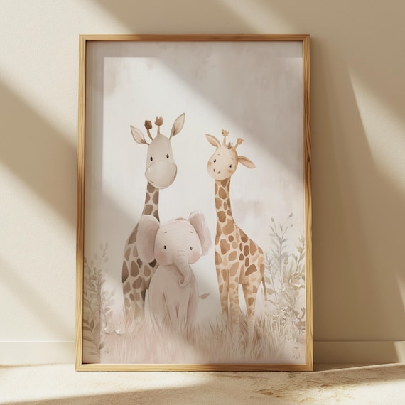 Neutral Giraffe Wall Art, Cute Animal Prints for Nursery Decor