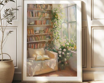 Spring Bookstore Wall Art, Cute Bookshop Print, Cozy Reading Room Decor, Book Lover Gift, Cottagecore Art