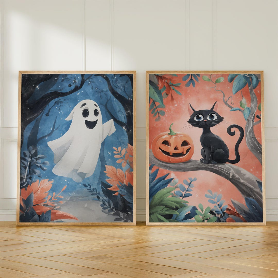 Cute Ghost Art Print, Black Cat in Dark Forest, Halloween Wall Decor ...