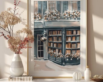 Spring Bookstore Wall Art, Charming Bookshop Decor, Cozy Reading Nook, Book Lover Gift, Digital Art Print