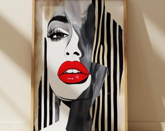 Vintage Red Lips Poster, Vogue Style, Psychedelic Wall Art, Perfect Gift for Her, Printable Wall Art, 70s Wall Print, Red Kiss Lips Wall Art