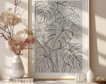 Monstera Leaves Wall Art Prints, Botanical Art for Home, Tropical Leaf Decor, Modern Wall Art, Minimalist Line Art