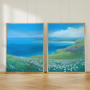 Coastal Printable Wildflower Field Landscape Art, Vintage Summer Beach Print, Farmhouse Spring Floral Wall Decor