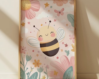 Arte para habitaciones infantiles, Arte mural de naturaleza, Láminas de abejas, Decoración para salas de juegos, Decoración ecléctica para el hogar, Arte mural para guardería, Arte mural en tonos pastel, Arte mural imprimible