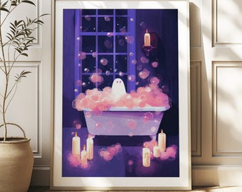 Halloween-muurkunst, print schattig spook in bad, spookachtig badkamerdecor, digitale download voor Halloween-kunst
