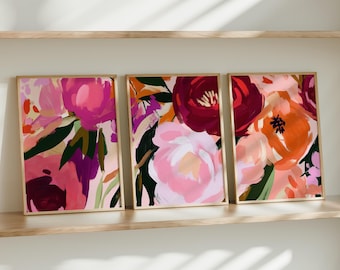 Arte de parede em cores brilhantes, conjunto de 3 impressões abstratas coloridas, decoração moderna para casa, decoração de parede floral vibrante