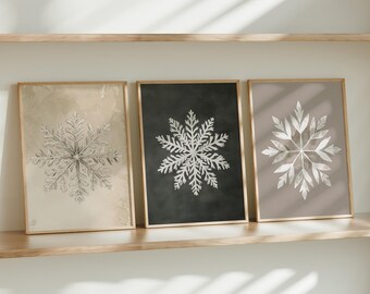 Set of 3 Prints, Christmas Snowflake Printable Art, Christmas Wall Art, Christmas Wall Decor, Bright Colour Wall Art Print, Digital Download