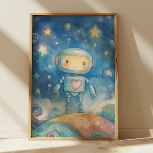 Robots Nursery Wall Decor, Watercolour Robot, Printable Wall Art, Kids Room Decor, Space Theme, Colourful Nursery Wall Art