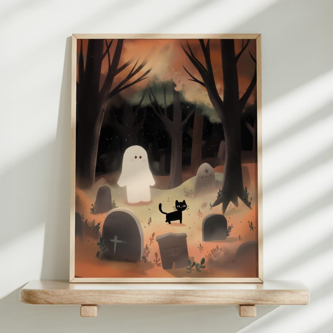 Printable Halloween Wall Art, Cute Ghost & Black Cat in Dark Forest ...