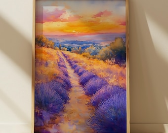 Lavender Field Landscape Print, Dreamy Cottagecore Home Decor, Purple Flowers, Nature Inspired Home Art Print, Printable Wall Art