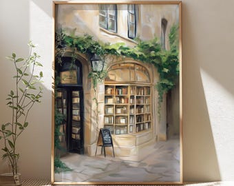Spring Bookstore Wall Art, Charming Bookshop Decor, Cozy Reading Nook, Book Lover Gift, Digital Art Print