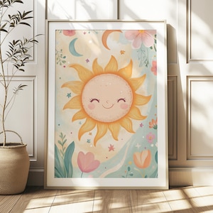 Shining Sun Printable Wall Art, Sunburst Nursery Print, Boho Celestial Art Kids Nursery, Pastel Sun Rainbow Art Print, Children Nursery Art
