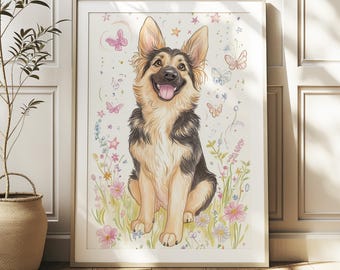 ジャーマンシェパードの水彩画 印刷可能なアート ジャーマンシェパード