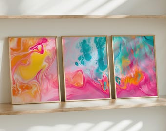 Arte de parede em cores brilhantes, conjunto de 3 impressões abstratas vibrantes, decoração de parede moderna, arte colorida para sala de estar