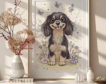 Impression d'art mural teckel, décoration chien saucisse, cadeau chien drôle, oeuvre d'art pour chambre d'enfants, portrait d'animal de compagnie mignon, décoration chien mignon, décoration murale maison, art numérique
