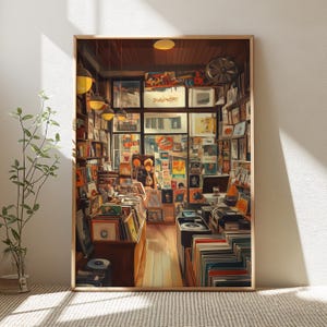 May include: A vintage record shop interior with shelves full of vinyl records, a wooden counter, and a person standing at the back. The shop has a warm, inviting atmosphere with natural light streaming in from the windows.