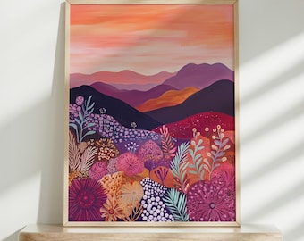 Arte abstracto de montaña, arte mural colorido, arte abstracto, ilustración patchwork, lámina para sala de estar, floral, arte mural imprimible