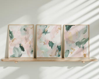 Saliegroen boho muurkunst set van 3, blush roze afdrukbaar decor, digitale download, boho decor voor woonkamer, modern minimalistisch