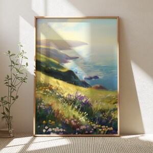 Coastal Printable Wildflower Field Landscape Art, Vintage Summer Beach Print, Farmhouse Spring Floral Wall Decor