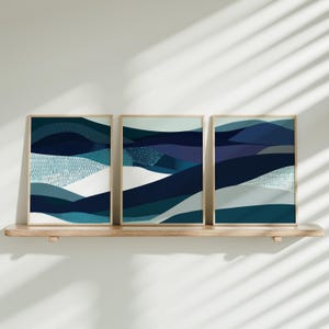 Navy Blue Wall Art Set of 3, Printable Modern Art, Blue Abstract Minimalist Prints, Digital Brush Strokes Art