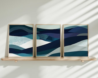 Marinblå väggkonst set med 3, utskrivbar modern konst, blå abstrakta minimalistiska tryck, digital penseldragskonst