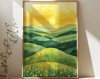 Aquarell Wiese Wandkunst, Blumenlandschaft, Wildblumen Dekor, Wohnkultur Geschenk, Wiesenblumen Kunstdruck, Natur Wohndekor