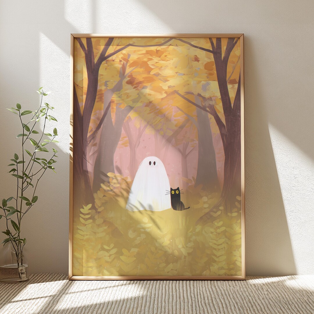 Printable Halloween Wall Art, Cute Ghost and Black Cat in Forest ...
