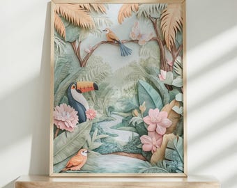 Kunst aan de muur kinderspeelkamer, jungle dieren decor, leuke safari print, kleurrijke jungle dieren kunst, decor kinderkamer, afdrukbare muurkunst, safari decor