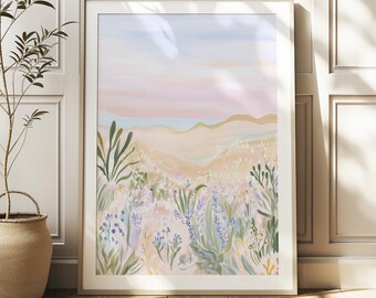 Vintage zomer strand print, kust wilde bloemen landschapskunst, afdrukbare bloemen muur decor, kust wilde bloemen veld landschapsschilderkunst