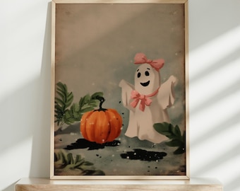 Pink Bow Ghost Wall Art Print, Cute Halloween Decor, Preppy Trendy Printable Art, Vintage Style Halloween Print, Coquette Aesthetic Design