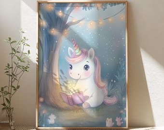 Colorful Unicorn Wall Art, Whimsical Playroom Decor, Kids Room Print, Magical Nursery Art, Rainbow Nursery Art, Digital Download