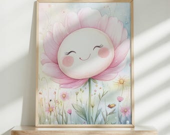Wildflower Nursery Print, Floral Nursery Wall Art, Sage Green Pink Decor, Baby Girl Boho Digital Print, Watercolour Flowers, Digital Art