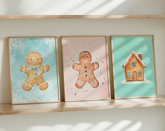 Set van 3 prints, peperkoek kerst muur prints, kerst wanddecoratie, felle kleuren muur kunst print, digitale download, instant download