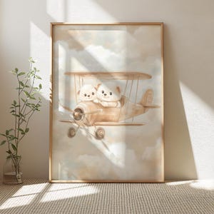 Vintage Airplane Nursery Art, Watercolor Plane Illustration, Cloudy Sky Printable Wall Art, Baby Boy Decor, Airplane Nursery Print
