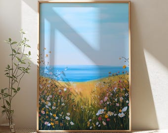 Landschapsschilderkunst met wilde bloemen aan de kust, vintage zomerprint, strandprint, boerderijmuurkunst, afdrukbare bloemenmuurdecoratie