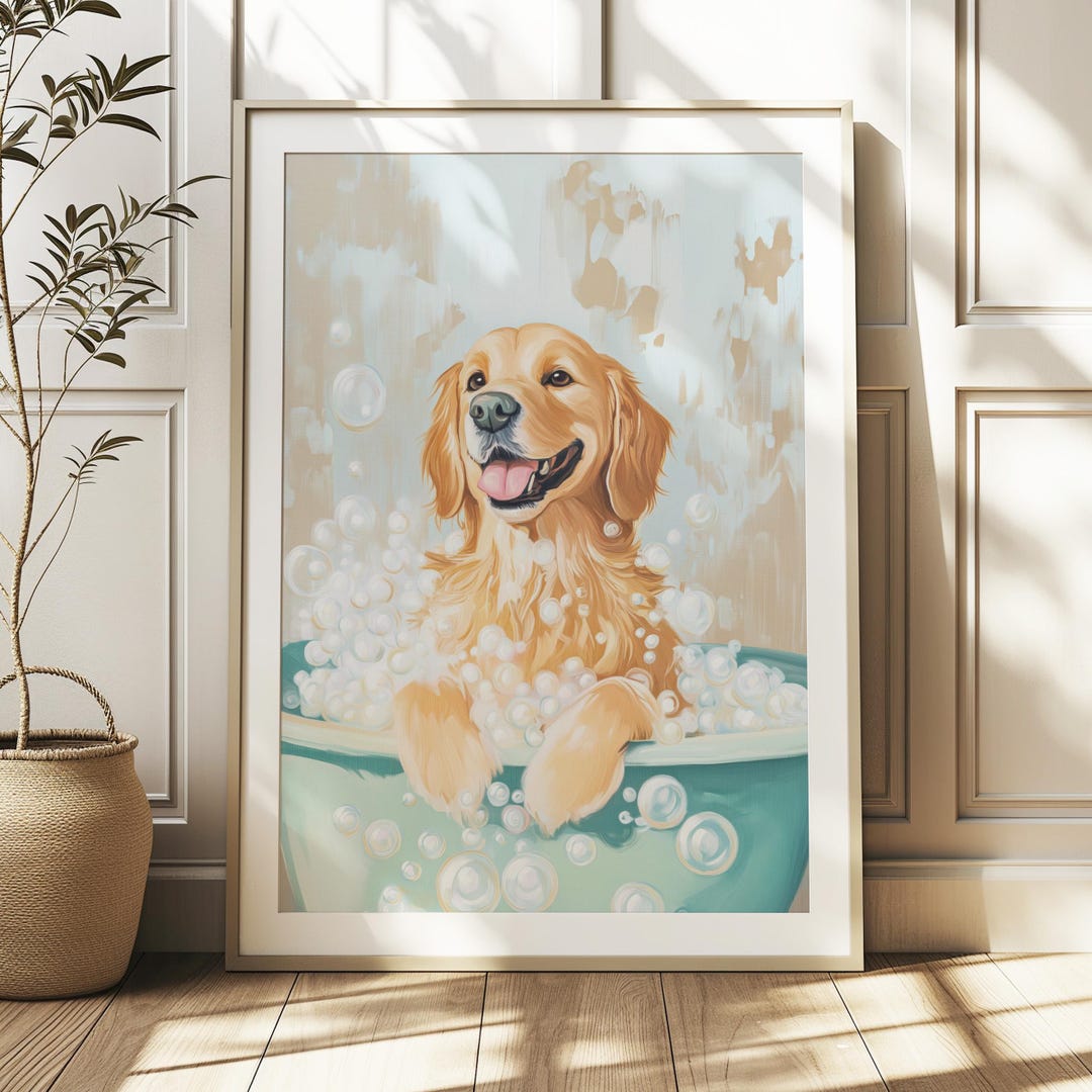 Golden Retriever in Bathtub Wall Art, Funny Dog Decor, Digital Download ...