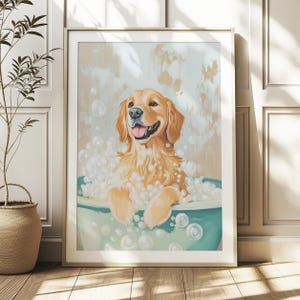 Arte de pared de un golden retriever en la bañera, decoración divertida para perros, descarga digital, regalo para amantes de las mascotas, decoración original para el baño, arte imprimible para amantes de los perros.
