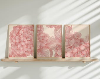 Set of Three Light Pink Wall Art, Digital Floral Prints for Aesthetic Home Decor, Printable Wall Art