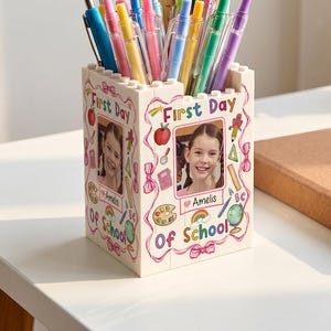 Organizador de escritorio personalizado con foto del primer día de clases, portalápices con forma de bloques de construcción para la vuelta al cole, portalápices de ladrillo, regalo para niños.
