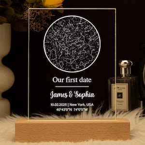 Carte des étoiles personnalisée par date, veilleuse de carte des étoiles, carte des constellations personnalisée, ciel nocturne par date, cadeau de fiançailles pour elle et lui